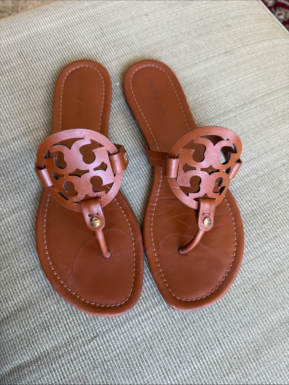 Tory Burch Cognac Leather Logo Thong Sandals